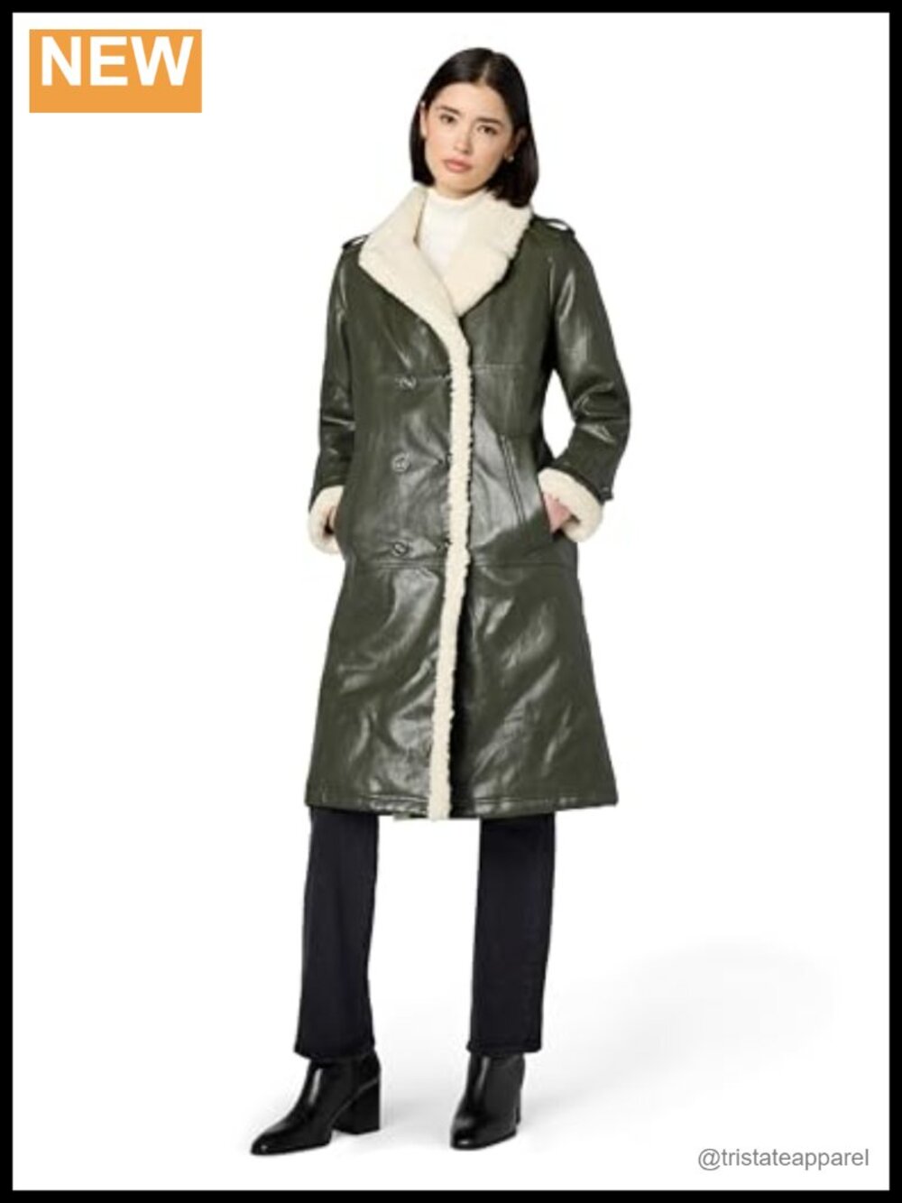 Faux Leather Belted Notch Collar Trench Coat Long Sleeve with Sherpa Lining